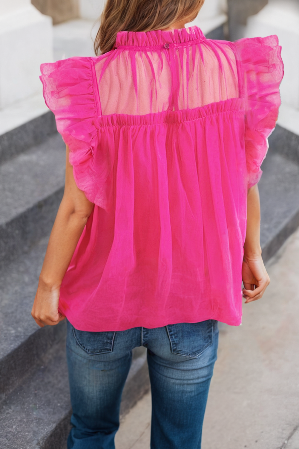 LDC Tulle Ruffle Sleeve Flared Babydoll Spring Blouse