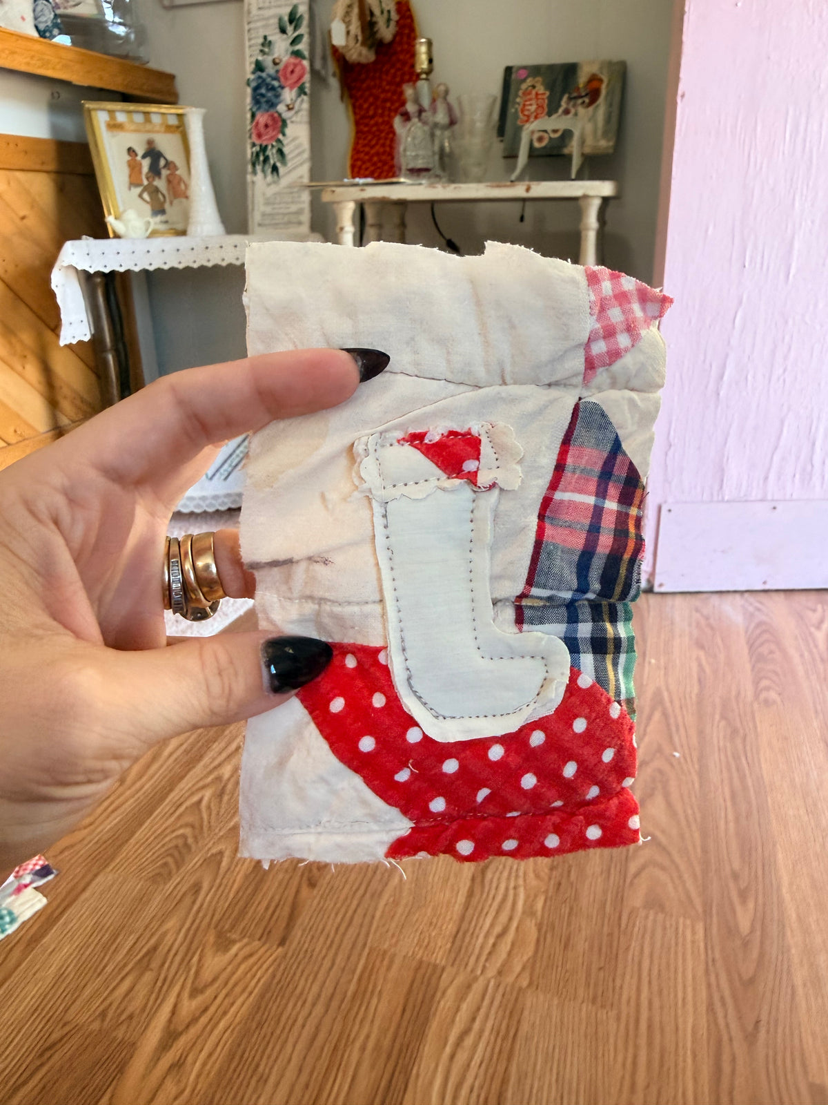 Unframed Vintage Quilt/ Linen Piece Stocking 4x6