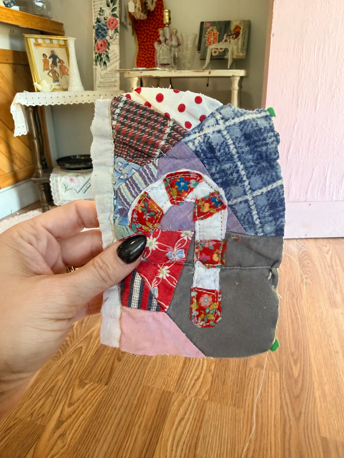 Unframed Vintage Quilt/ Linen Piece Candy Cane 4x6