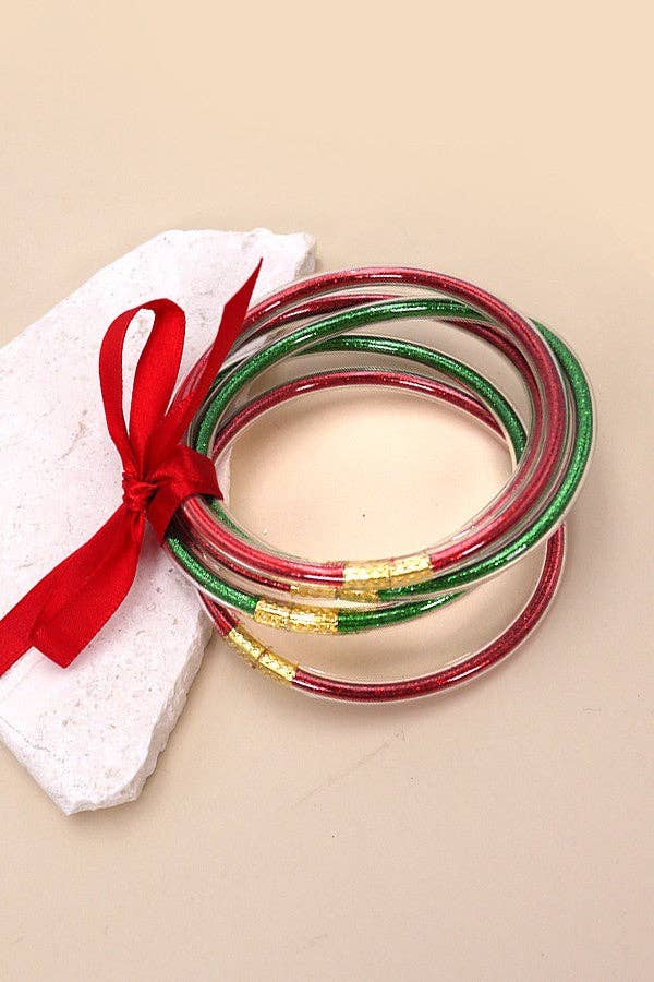 JELLY TUBE GLITTER FOIL BANGLE BRACELETS SET | 40B105: GOLD