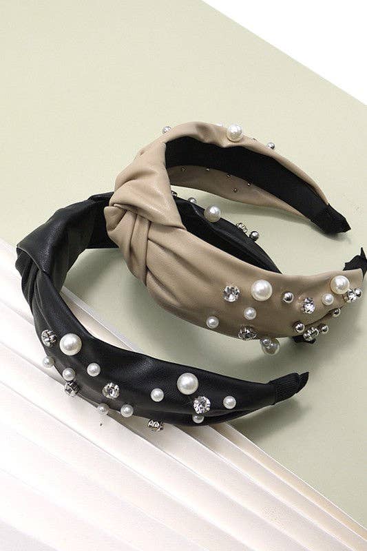 KNOTTED FAUX LEATHER PEARL RHINESTONE HAIR BANDS | 40HB1111