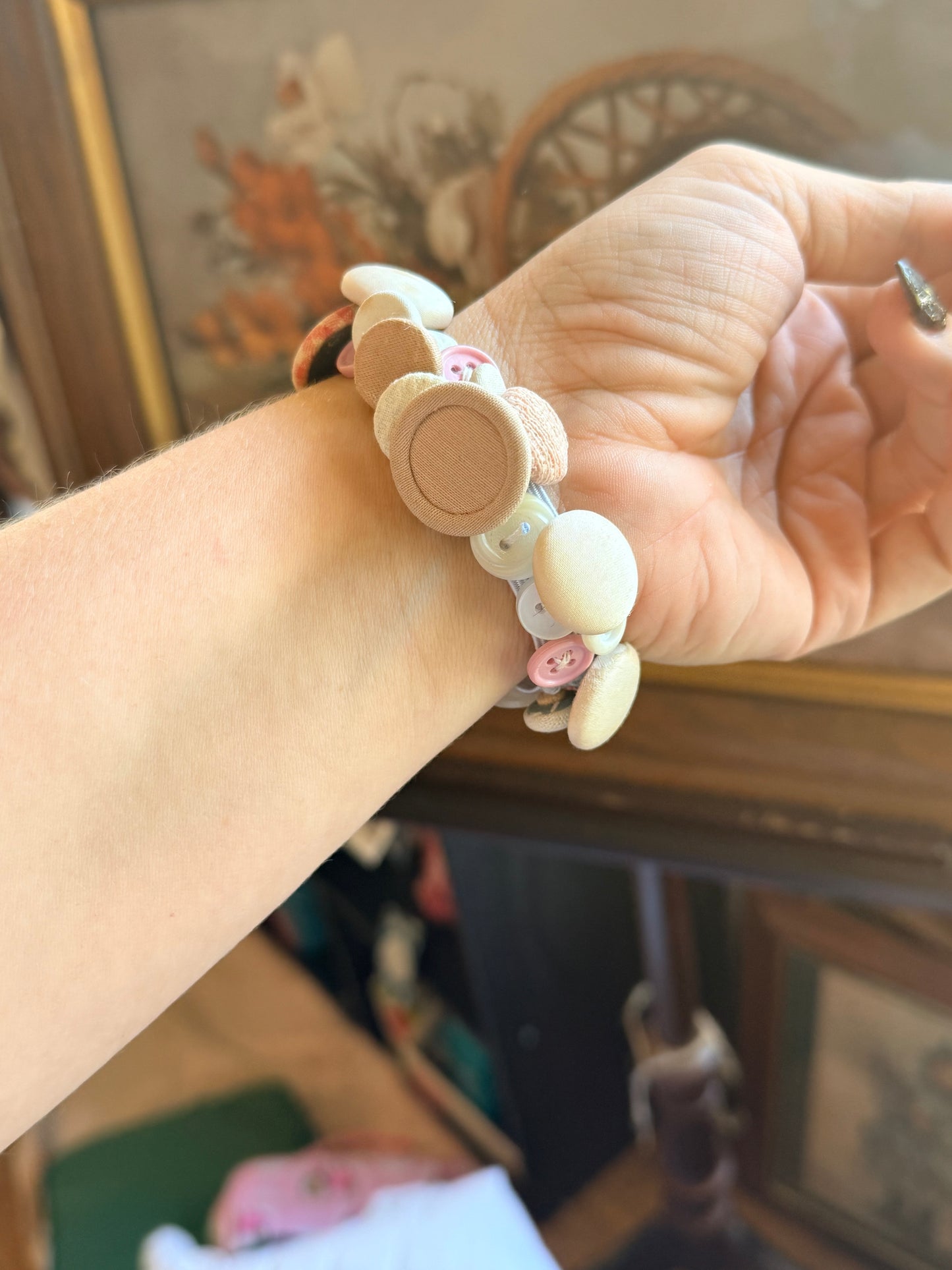 Vintage Button Bracelet-Pink GIngham