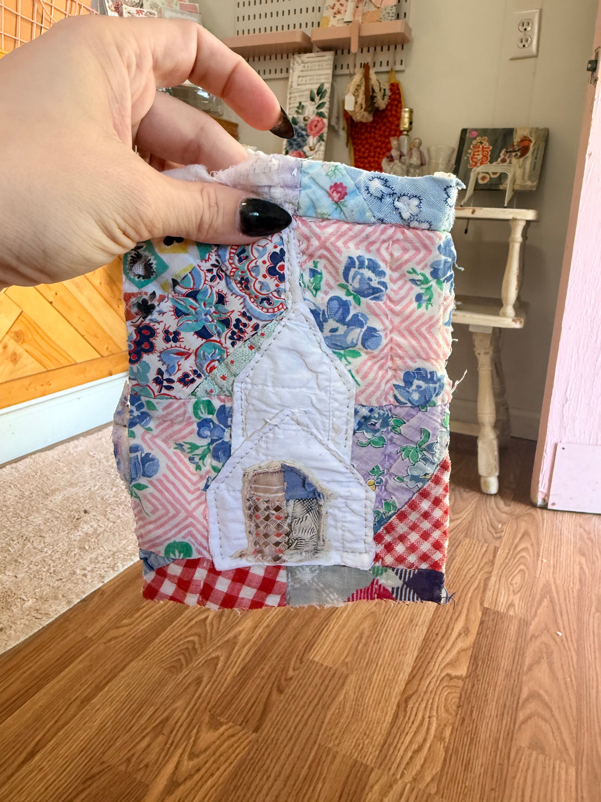 Unframed Vintage Quilt/ Linen Piece Church 5x7