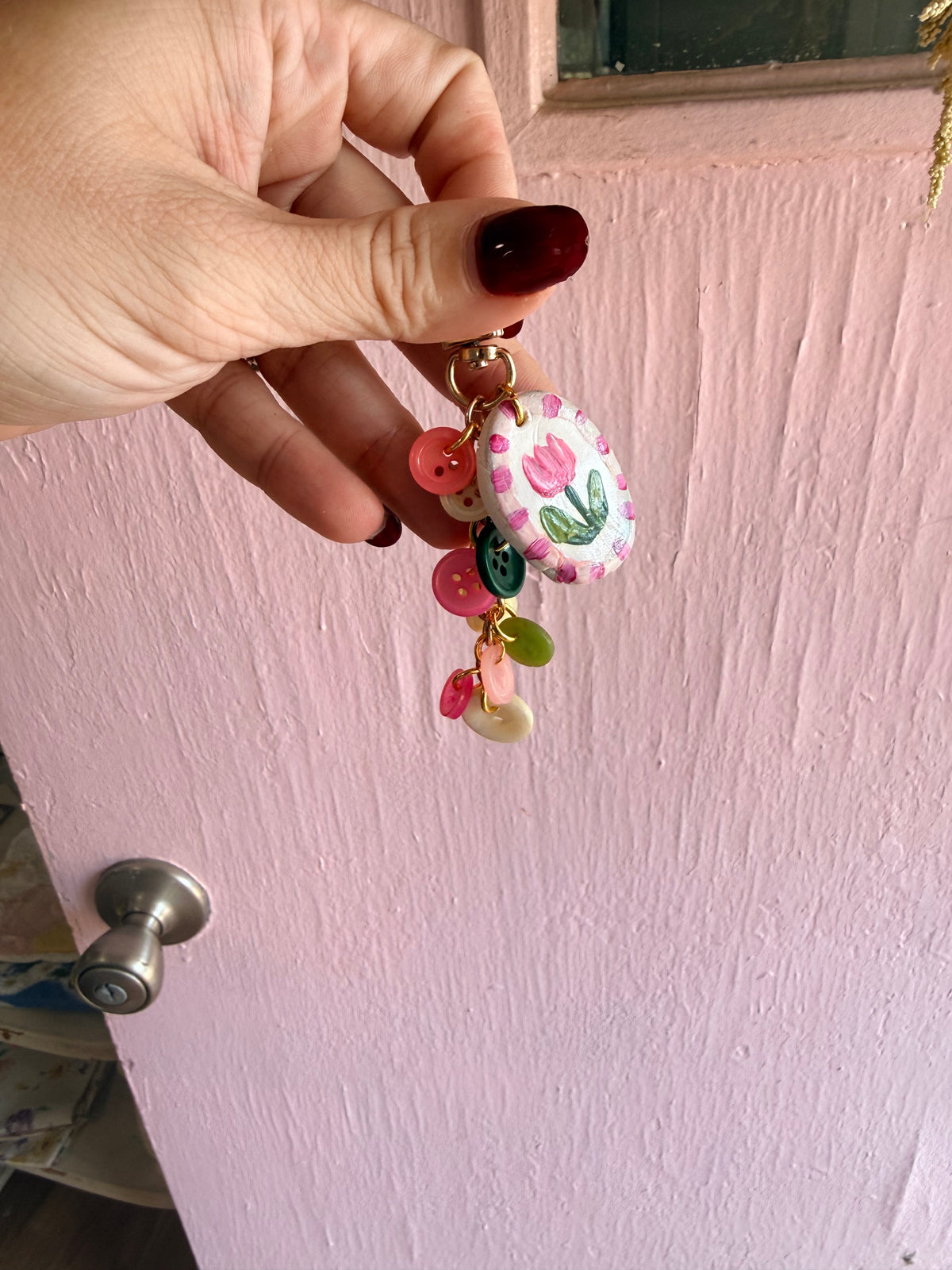 Vintage Button + Handpainted Charm Bag Charm