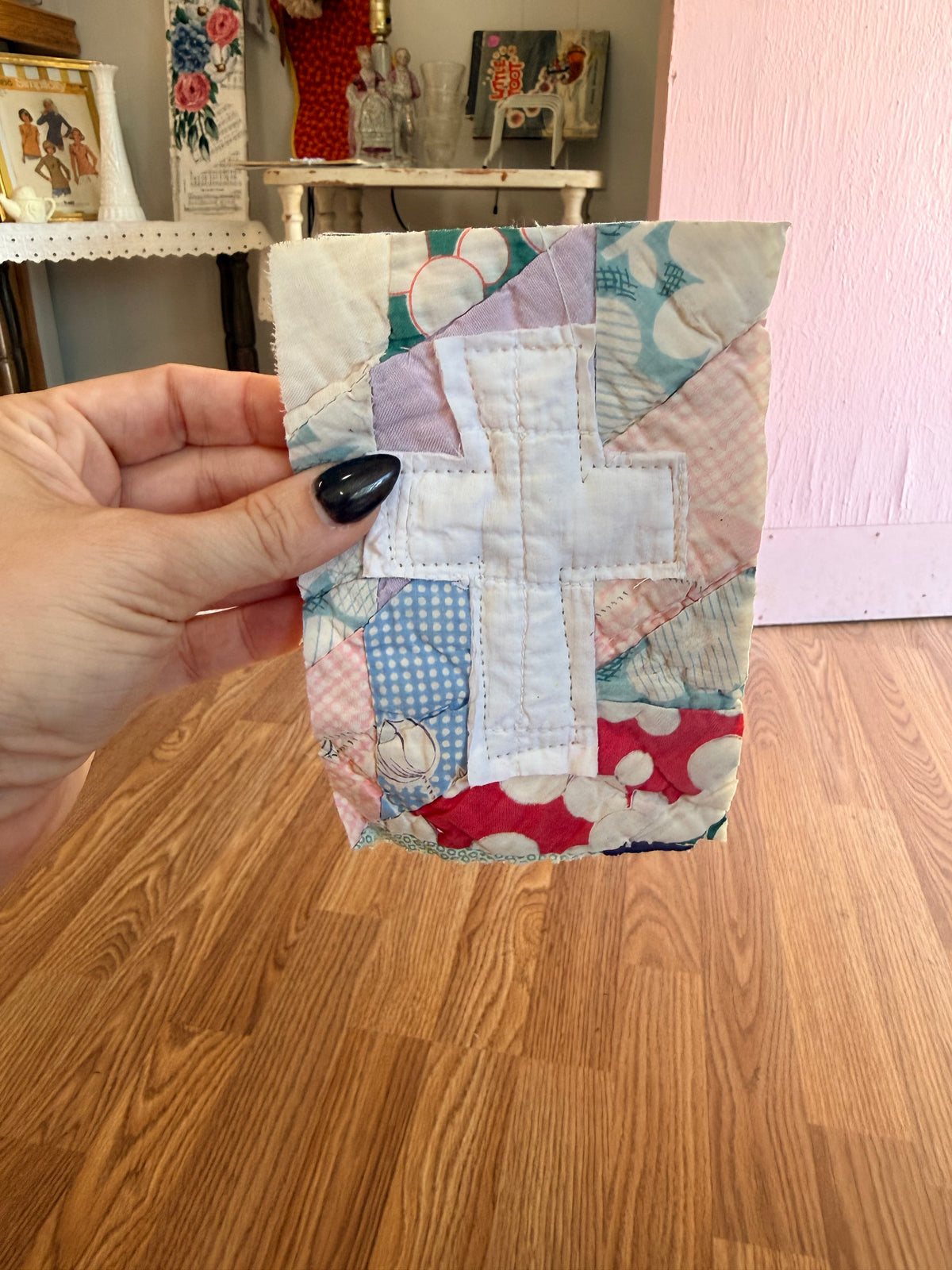 Unframed Vintage Quilt/ Linen Piece Cross 4x6