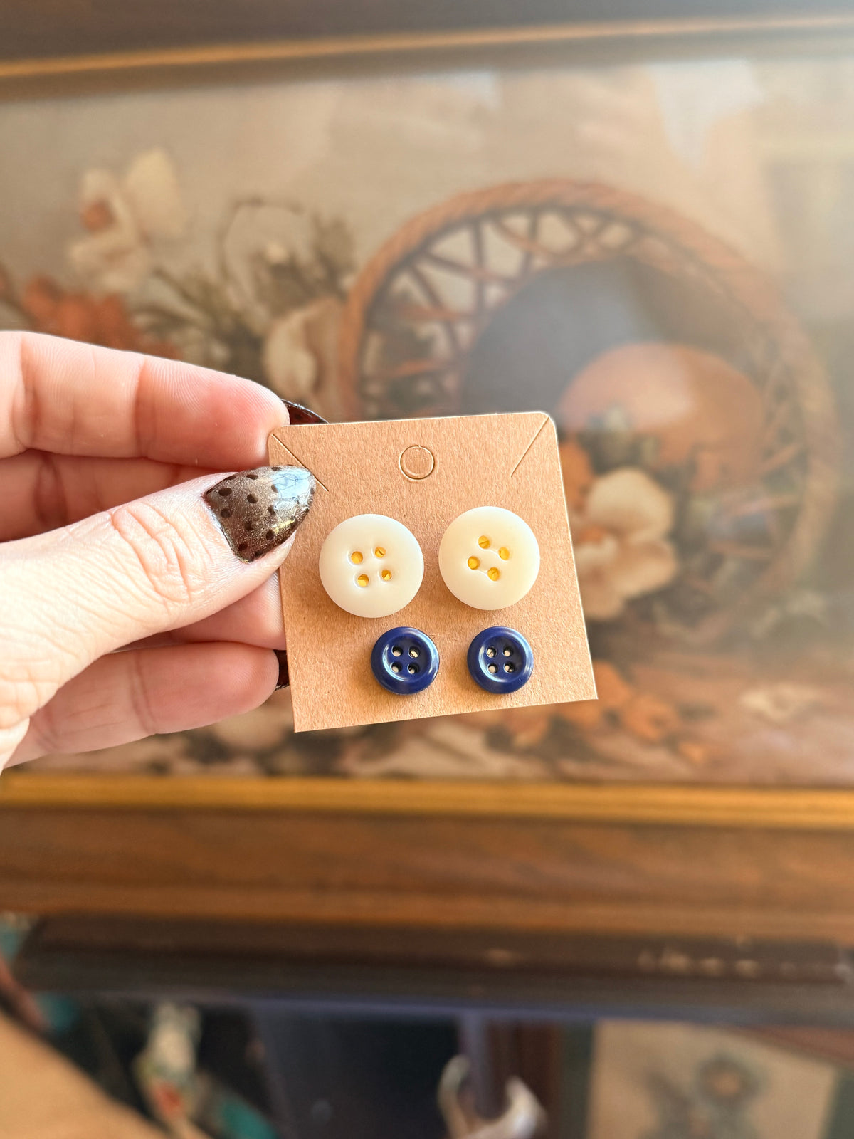 Vintage Button Earring Duo- Blue Willow