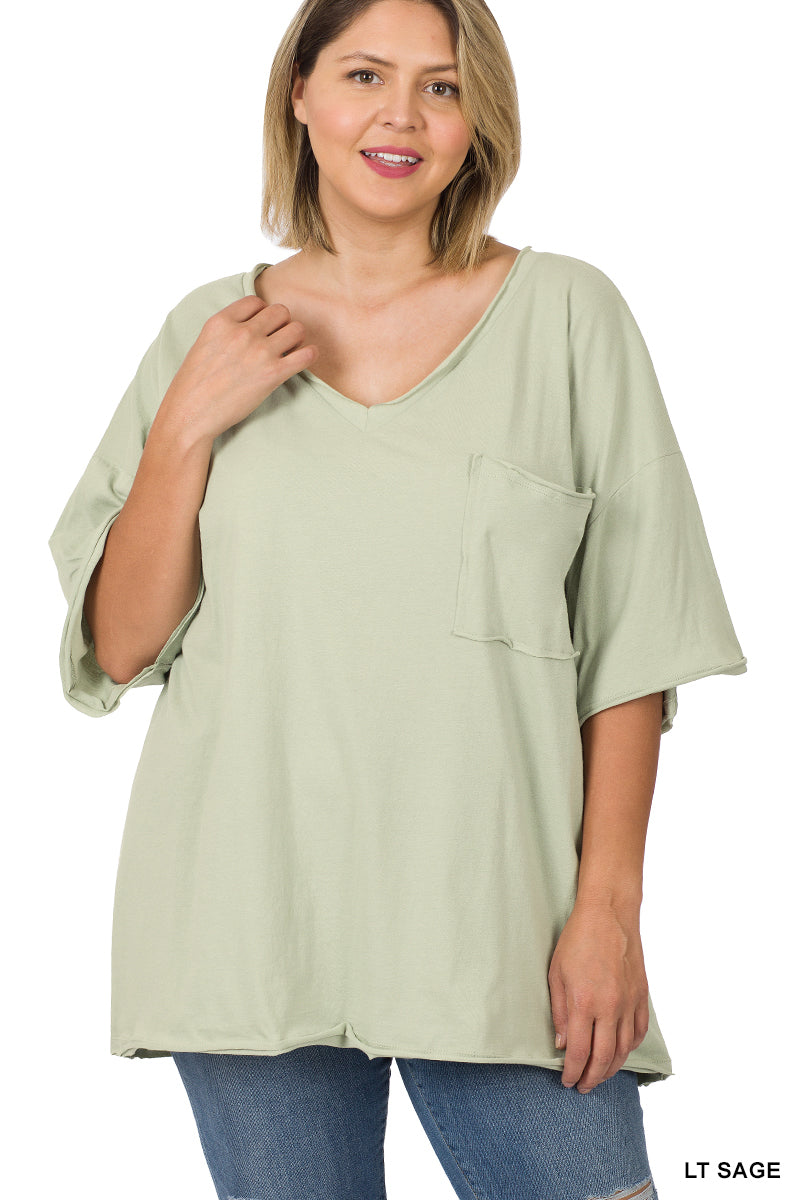 PLUS OVERSIZED FRONT POCKET RAW EDGE BOYFRIEND TEE