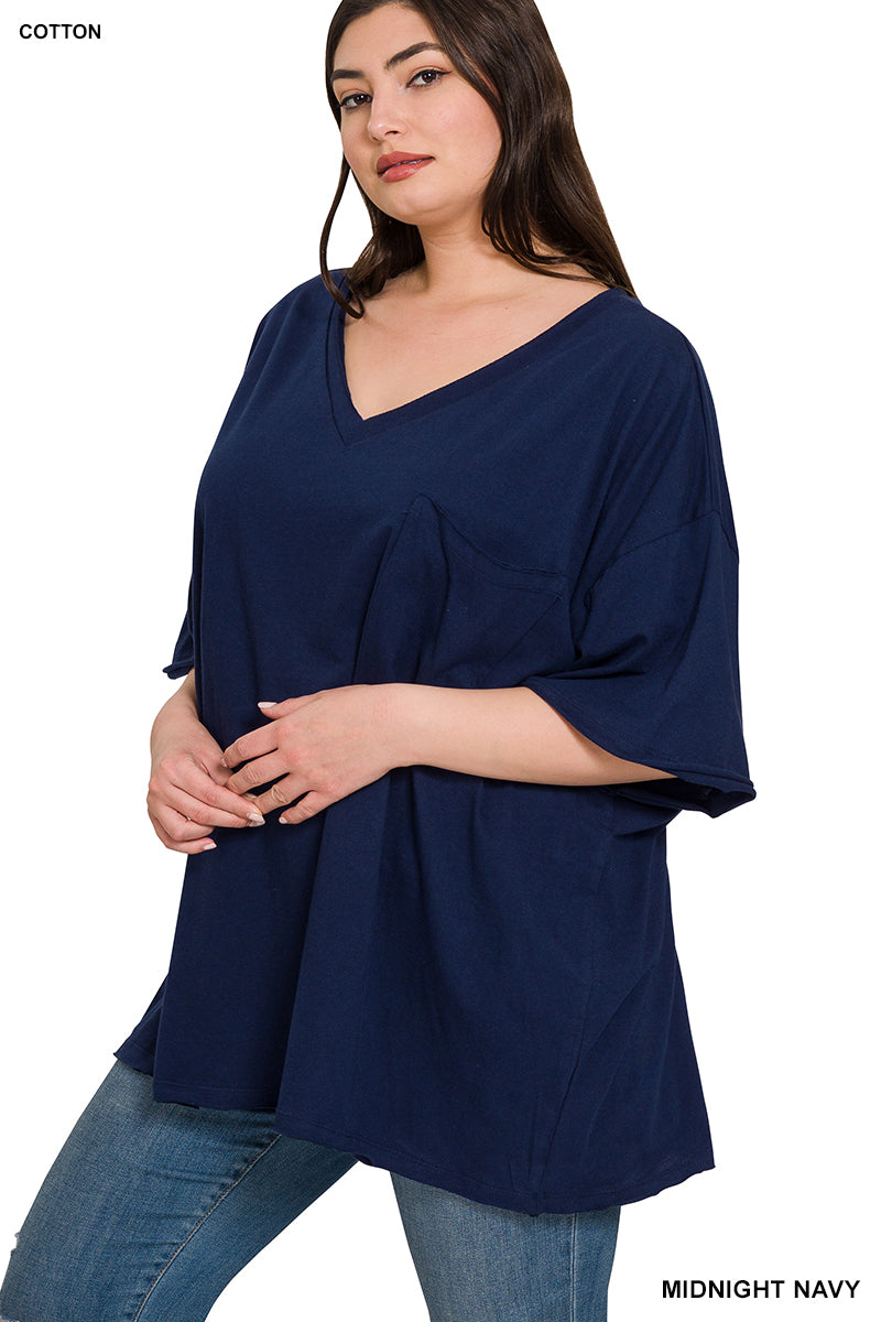 PLUS OVERSIZED FRONT POCKET RAW EDGE BOYFRIEND TEE