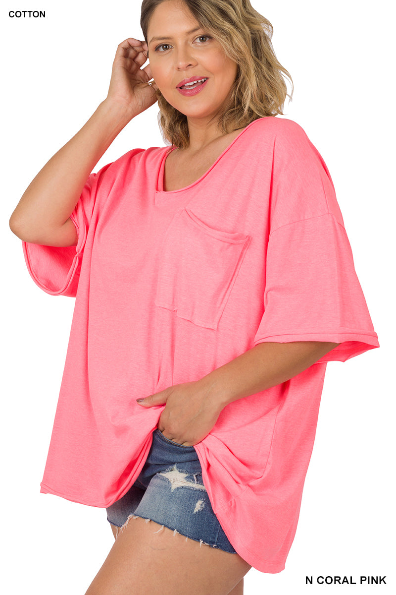 PLUS OVERSIZED FRONT POCKET RAW EDGE BOYFRIEND TEE