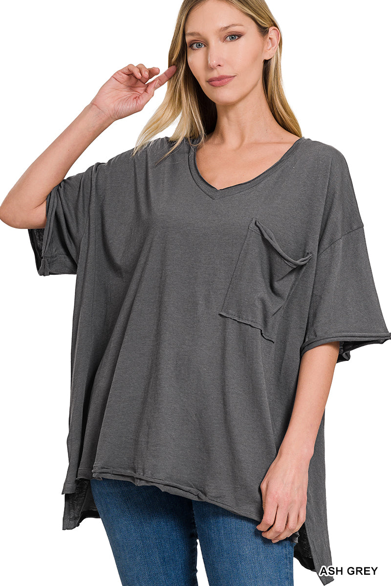 Oversized front pocket raw edge top