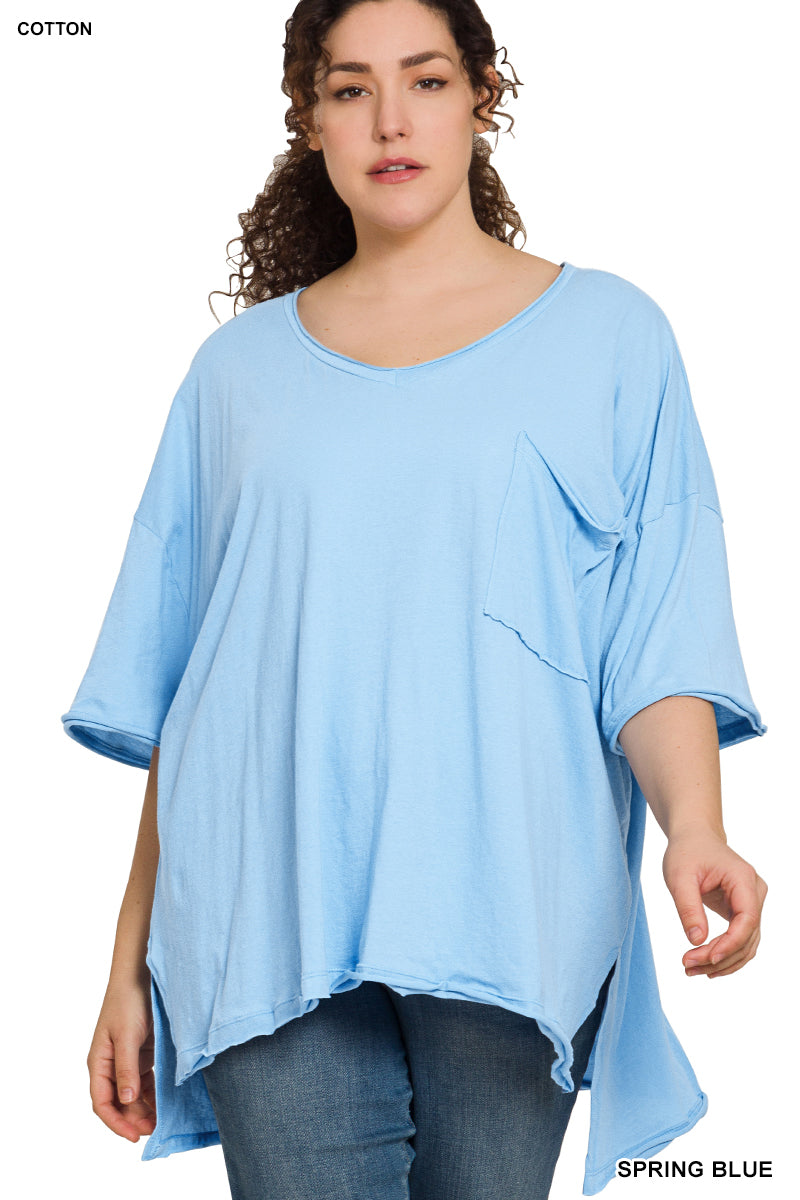 Plus oversized front pocket raw edge top