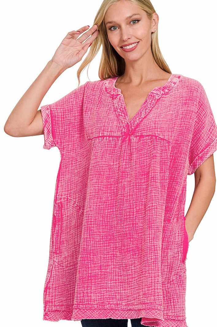 WASHED DOUBLE GAUZE RAW EDGE V-NECK DRESS