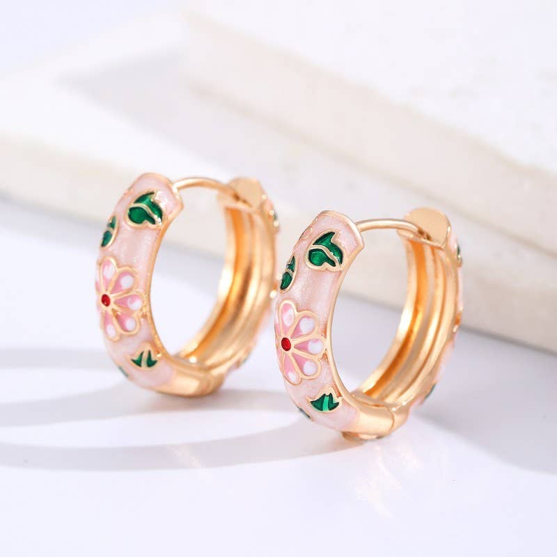 VINTAGE CLOISONNE ENAMEL FLORAL HOOP EARRINGS | 40E358