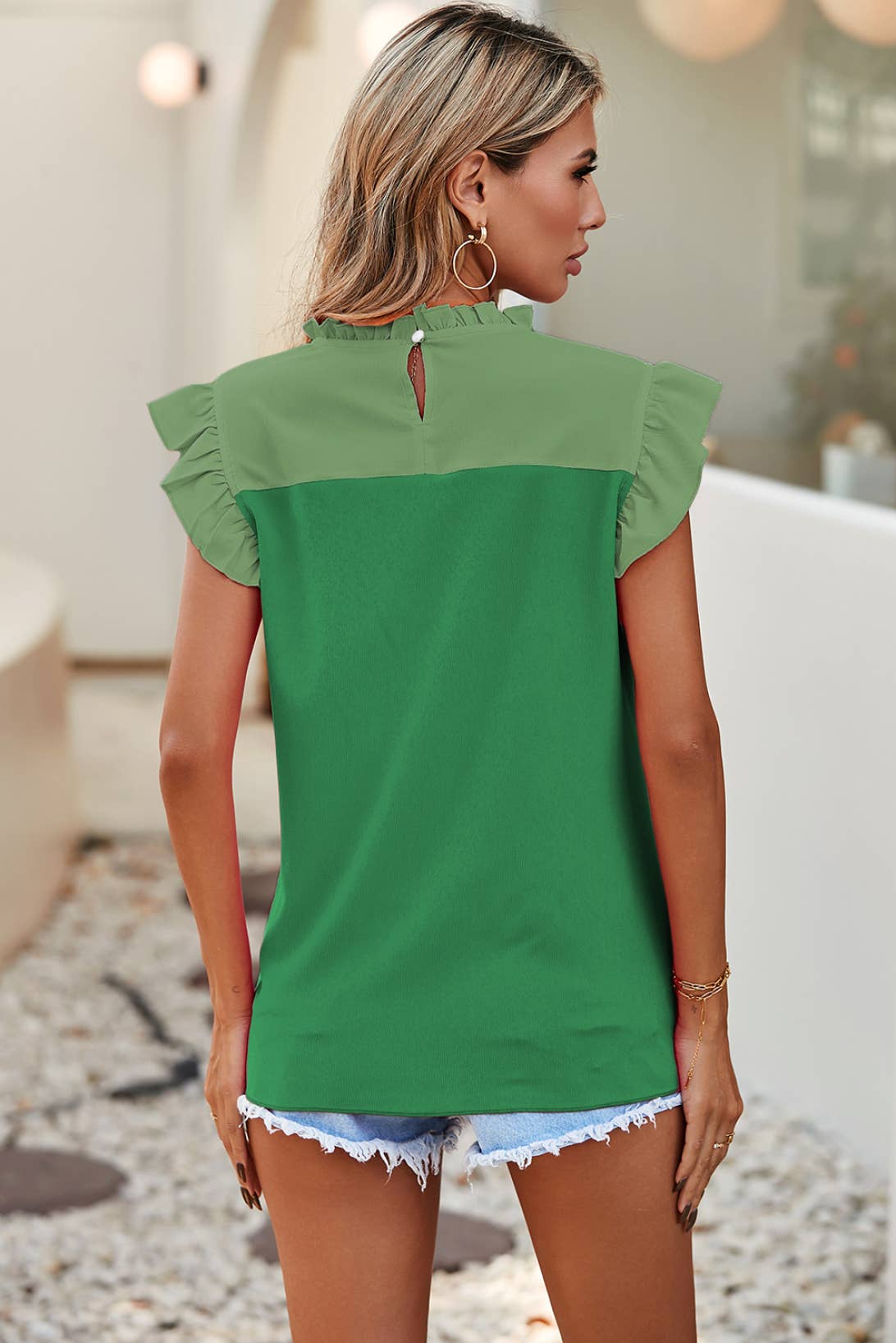 LDC Two Tone Pleated Ruffle Trim Blouse|Multicolor