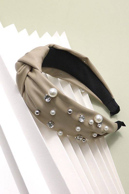 KNOTTED FAUX LEATHER PEARL RHINESTONE HAIR BANDS | 40HB1111