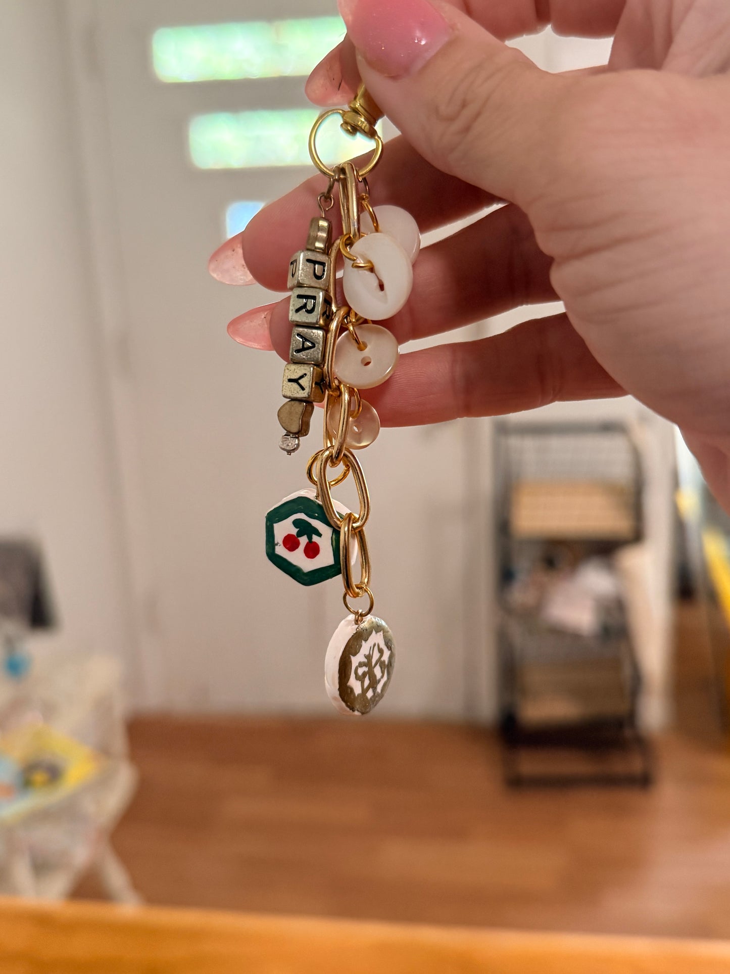 Vintage Button Keychain/ Bag Charm with handpainted charm 2
