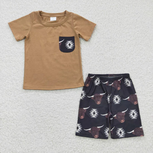 BSSO0148 Boys' Brown Pocket Short Sleeve Shorts Set