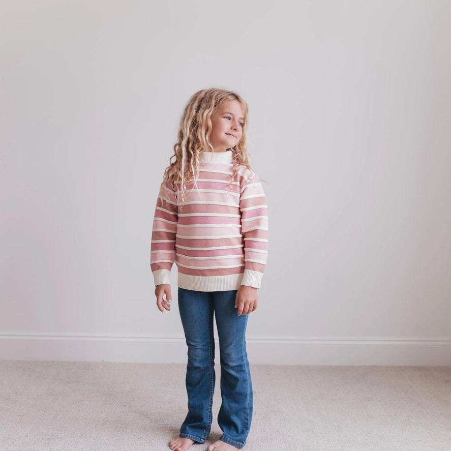 Kids Ombre Pink Stripe Ribbed Crew Neck Fall Winter Sweater