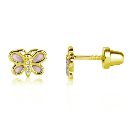 14K Gold Plated Girls Screw-Back Pink Butterfly Earrings