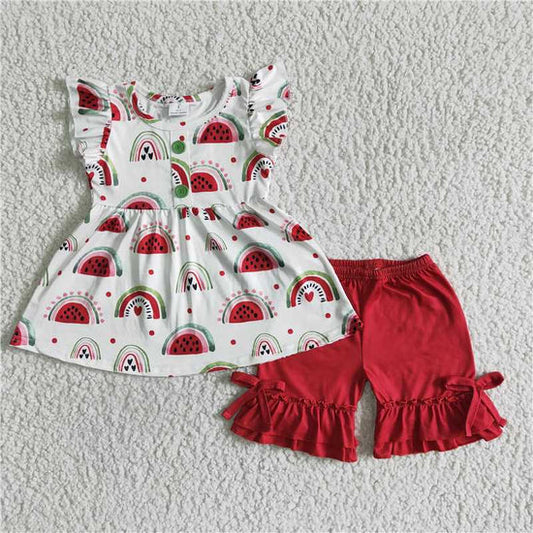 GSSO0005 Watermelon Flying Sleeve Top Red Shorts Set