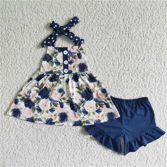 D7-19 Blue flower top polka dot halter neck suit