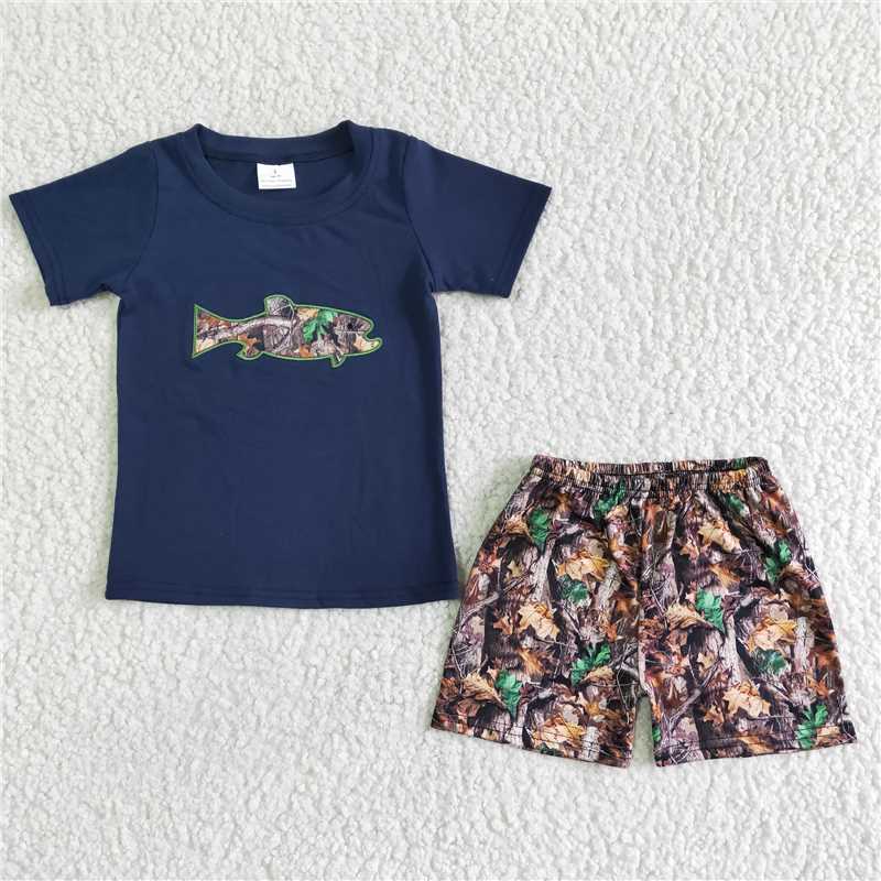 BSSO0010 Dark Blue Short Sleeve Embroidered Fish Shorts Camo Set