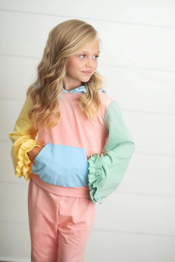 Kids Pastel Color Block Hooded Ruffle Pocket Set