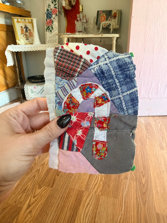 Unframed Vintage Quilt/ Linen Piece Candy Cane 4x6
