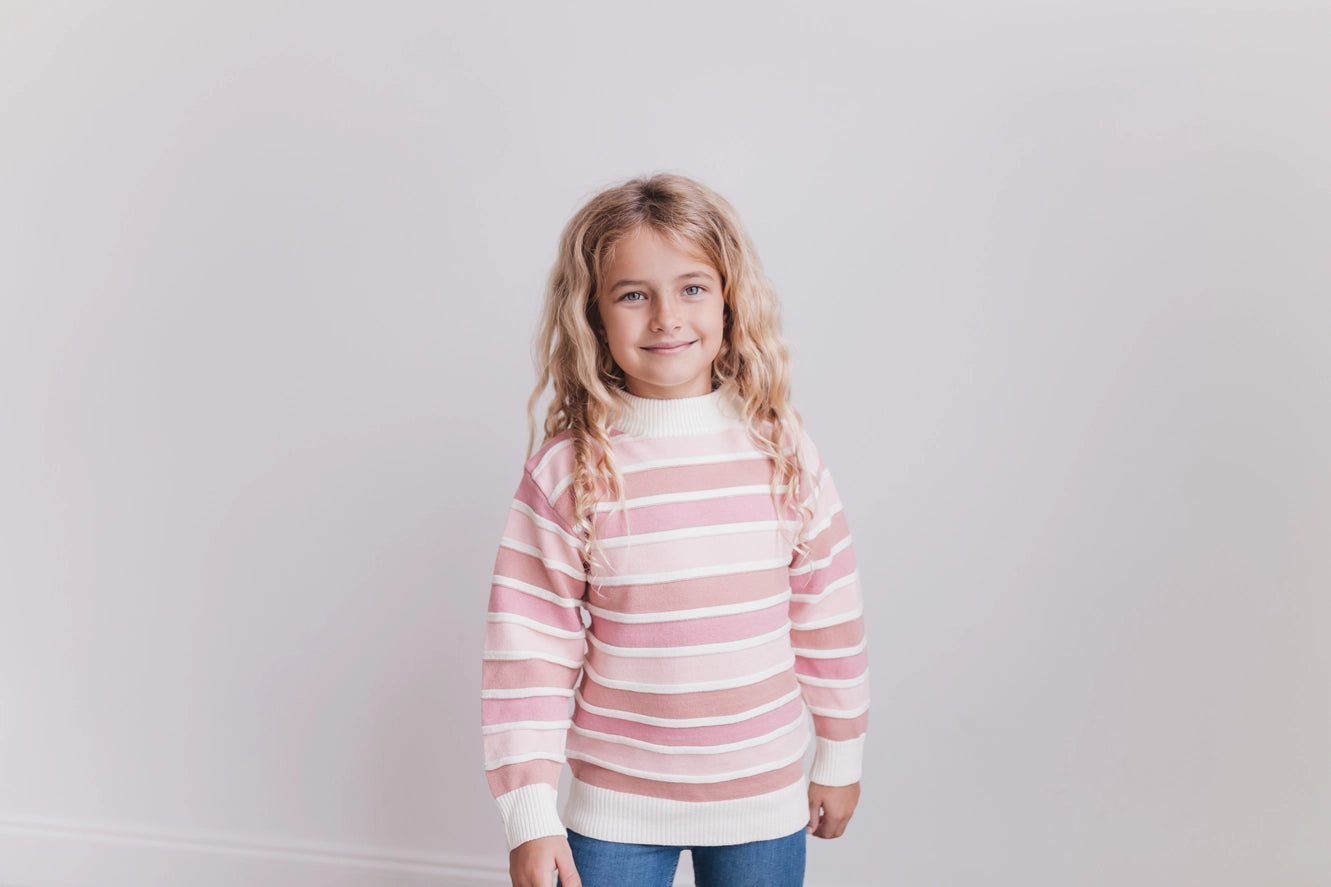 Kids Ombre Pink Stripe Ribbed Crew Neck Fall Winter Sweater