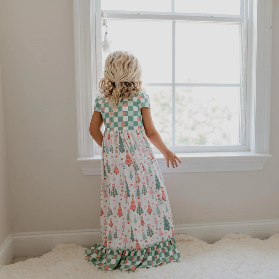 Kids Mint Modern Tree Print Holiday Christmas Lounge Gown