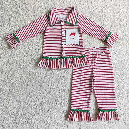 B9-3 Girls Santa Claus embroidered striped pajamas