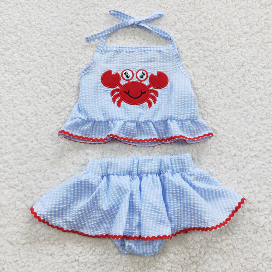 S0081 Embroidered Crab Blue Seersucker Set