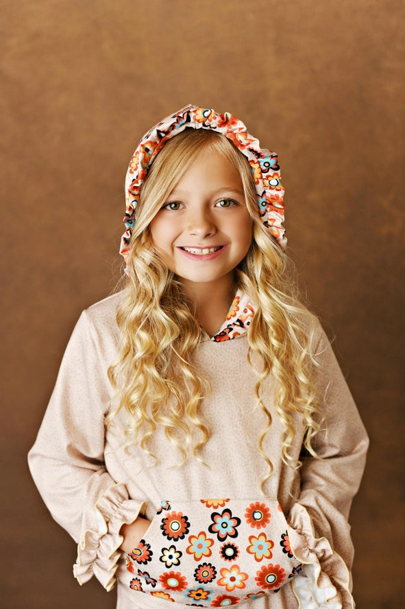 Kids Tan & Rust Retro Flower Print Hooded Ruffle Pocket Set