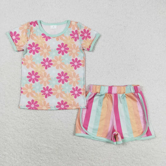 GSSO1297 Flower short-sleeved colorful striped shorts set