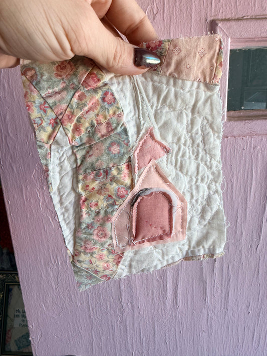Unframed Vintage Quilt/ Linen Piece Church 5x7