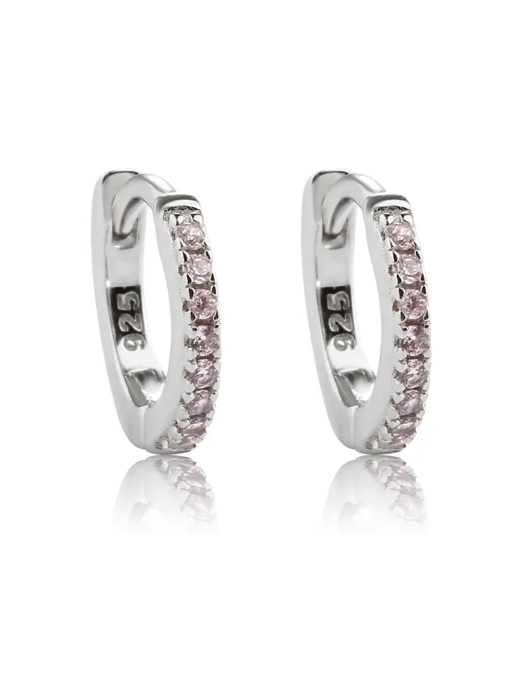 Sterling Silver Huggie Cz Hoop Earrings For Babies and Kids PINK