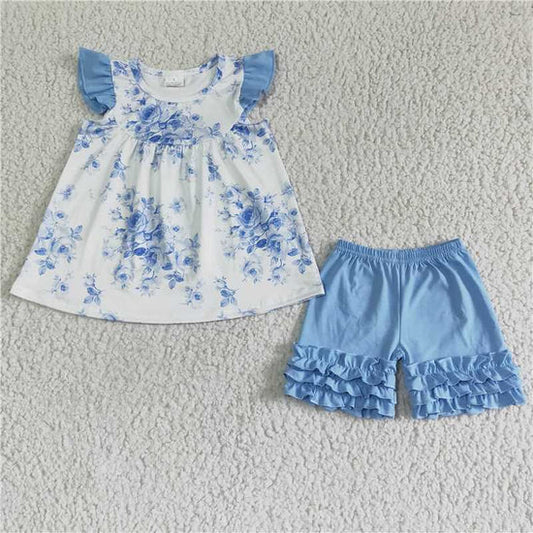 A14-9 Small flying sleeve blue flower shorts suit