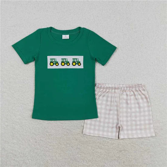 BSSO0809 Embroidered tractor green short-sleeved plaid shorts set