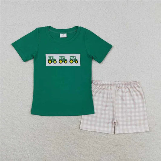 BSSO0809 Embroidered tractor green short-sleeved plaid shorts set