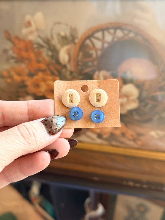 Vintage Button Earring Duo- Bluebird