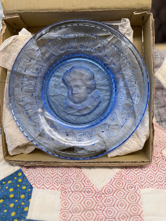 Vintage Child’s Alphabet Plate | Blue Glass ABC Plate | Made in Japan Nursery Decor