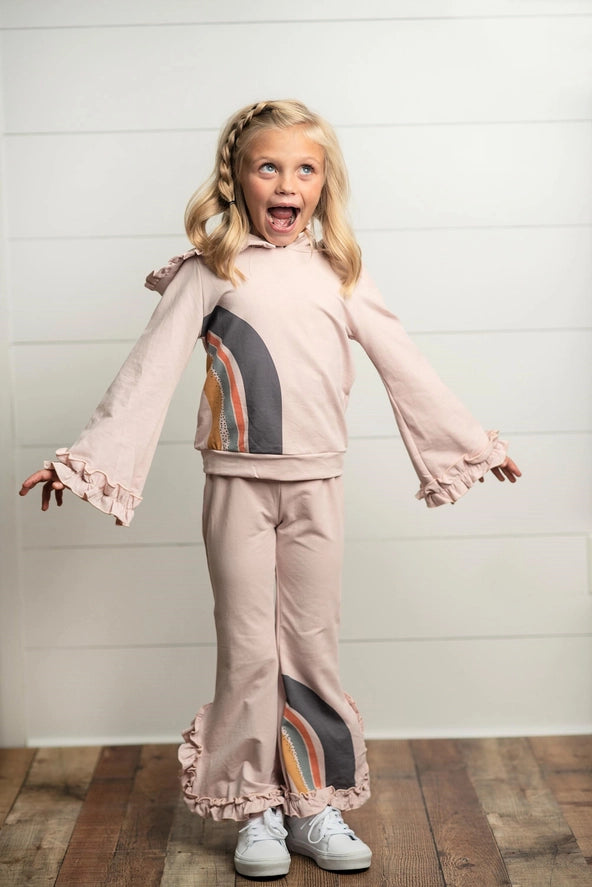 Girls Blush Pink Rainbow Hooded Fall Sweatsuit Lounge Set