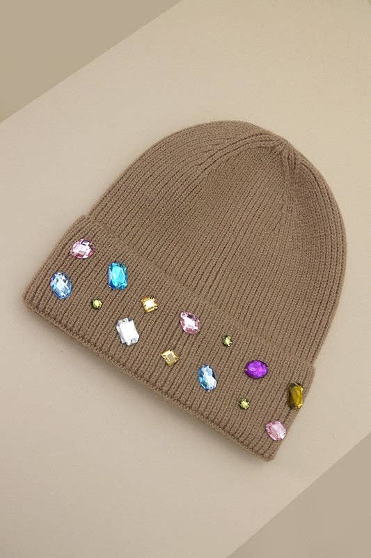 JEWELED COLOR STONE EMBELLISHMENT BEANIE | 40BN906