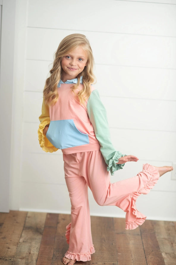 Kids Pastel Color Block Hooded Ruffle Pocket Set