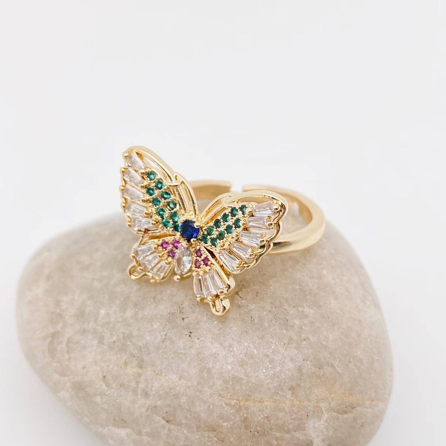 Multicolor Cubic Zirconia Butterfly Adjustable Ring