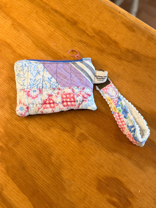 Vintage Quilt Zipper Pouch + Keychain Wristlet 1