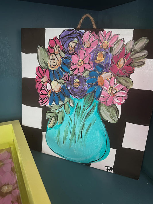 Checkered Bright FLorals Wooden Canvas