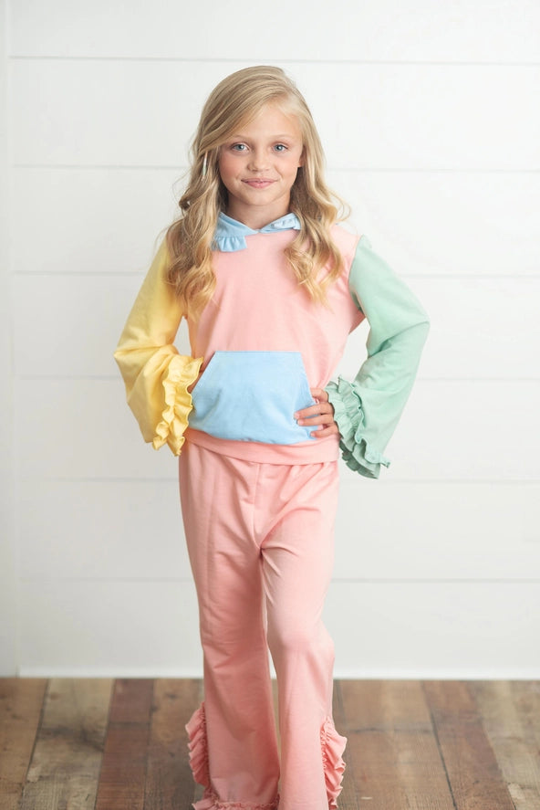 Kids Pastel Color Block Hooded Ruffle Pocket Set