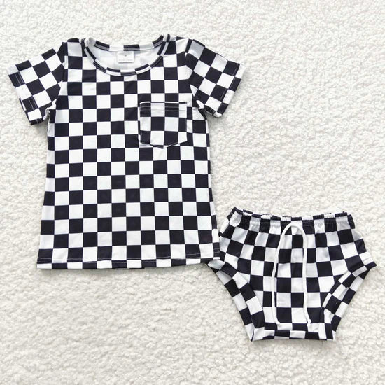 GBO0144 Black Plaid Short Sleeve Bummie Set