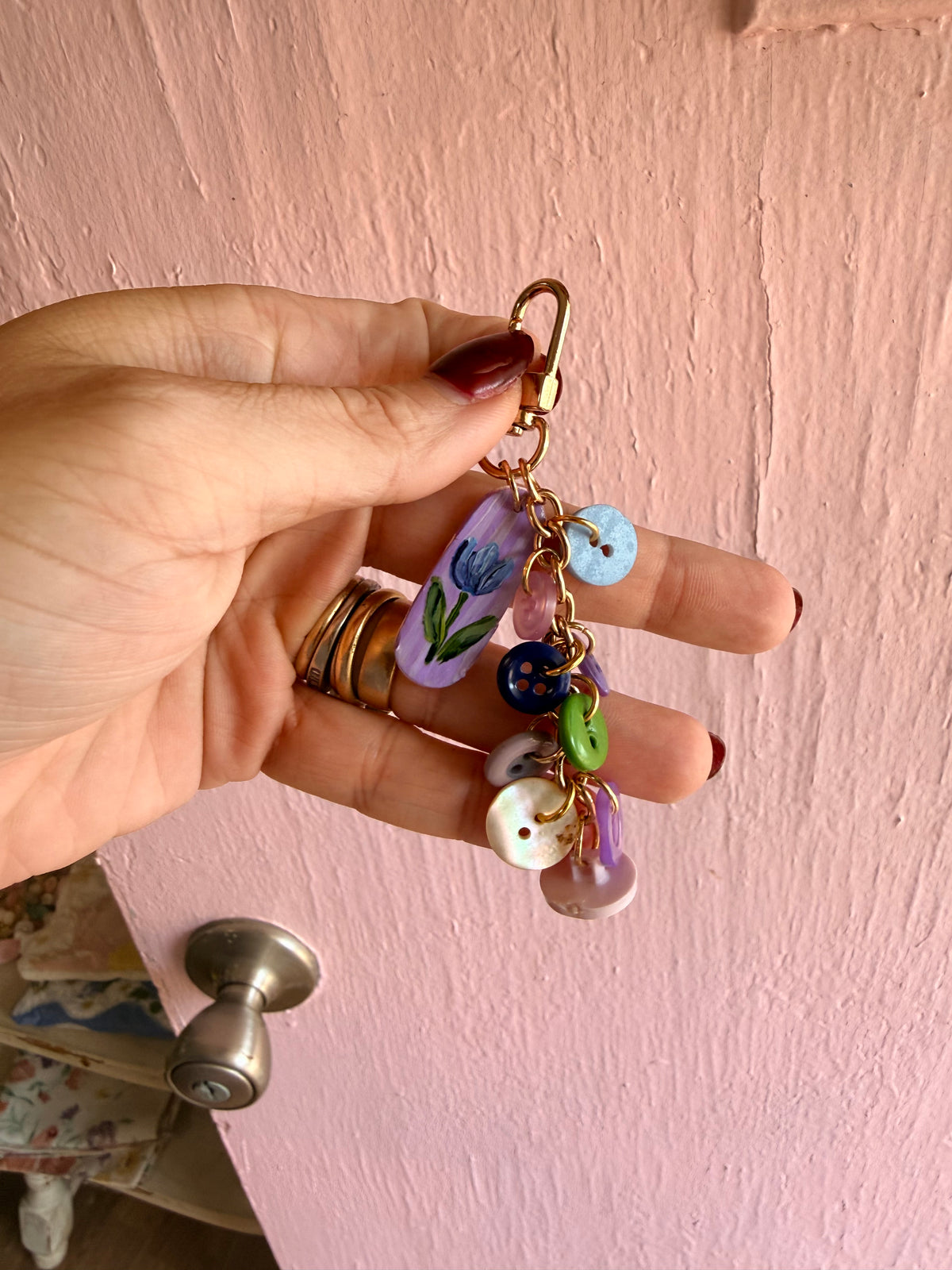 Vintage Button + Handpainted Charm Bag Charm